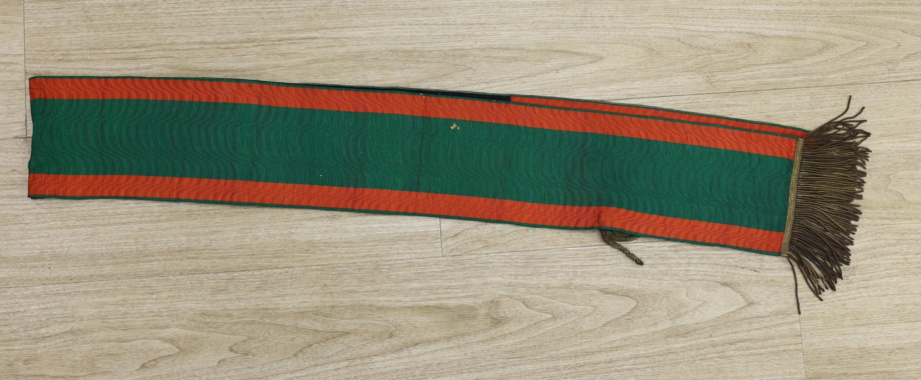 Railway Interest - A metal thread embroidered silk sash inscribed ‘Railway Men of E I S & W, Broad Street Branch - presented to E.J. Foulkes by branch benevolent fund’ - approx 190cm long